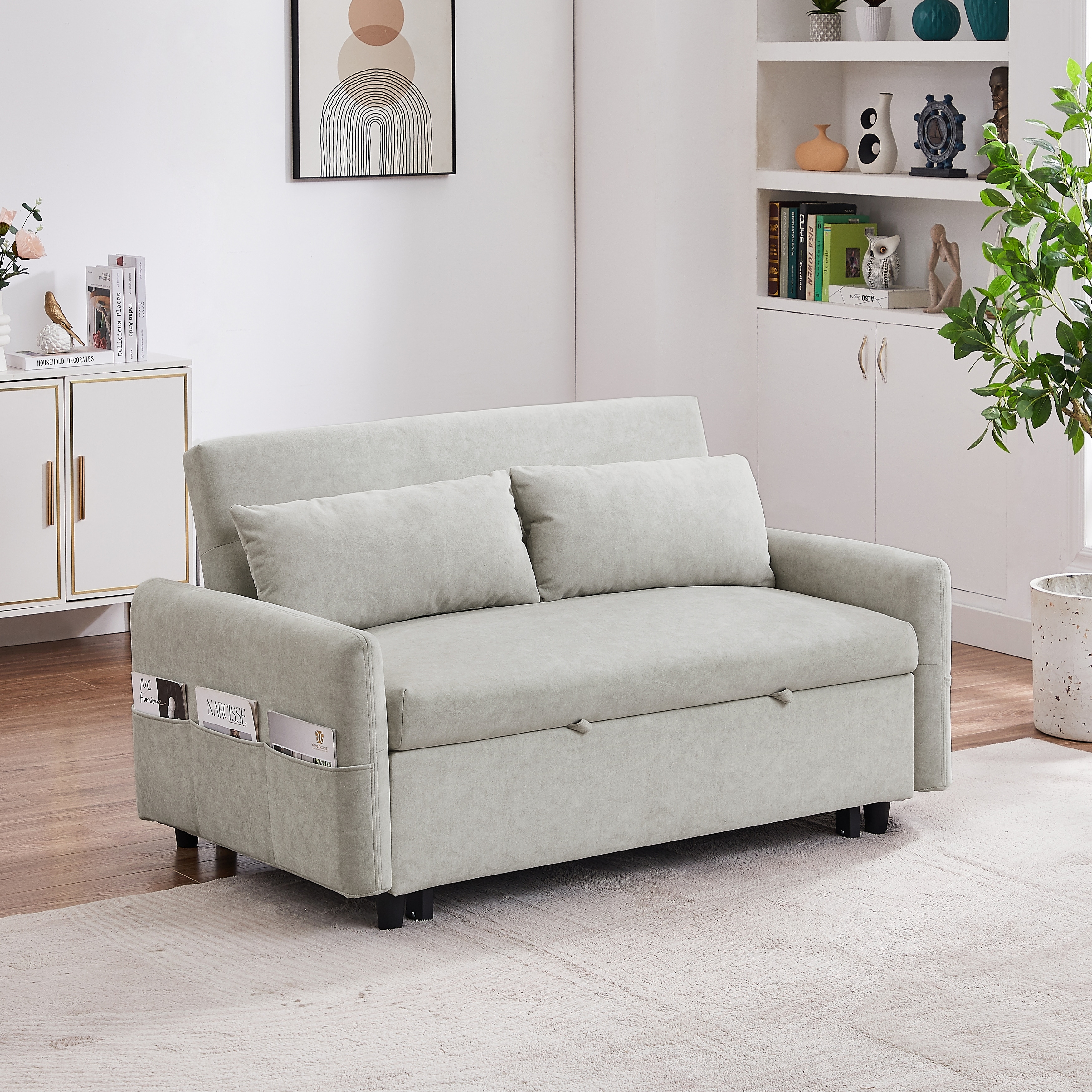 Beige Microfiber Sleeper Loveseat with Pull out Sofa Bed Modern Recliner Loveseat Bed with Side Pocket Pillows USB Ports