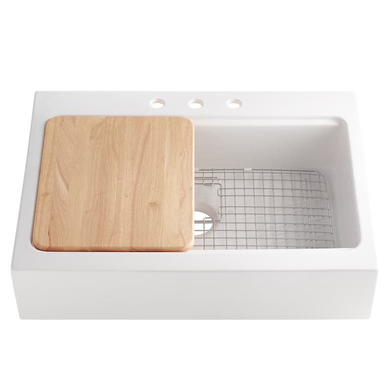 Parker White Fireclay 34" Quick-Fit Farmhouse Apron Front Drop-In Single Bowl Kitchen Sink Workstation with Pfirst Faucet Kit