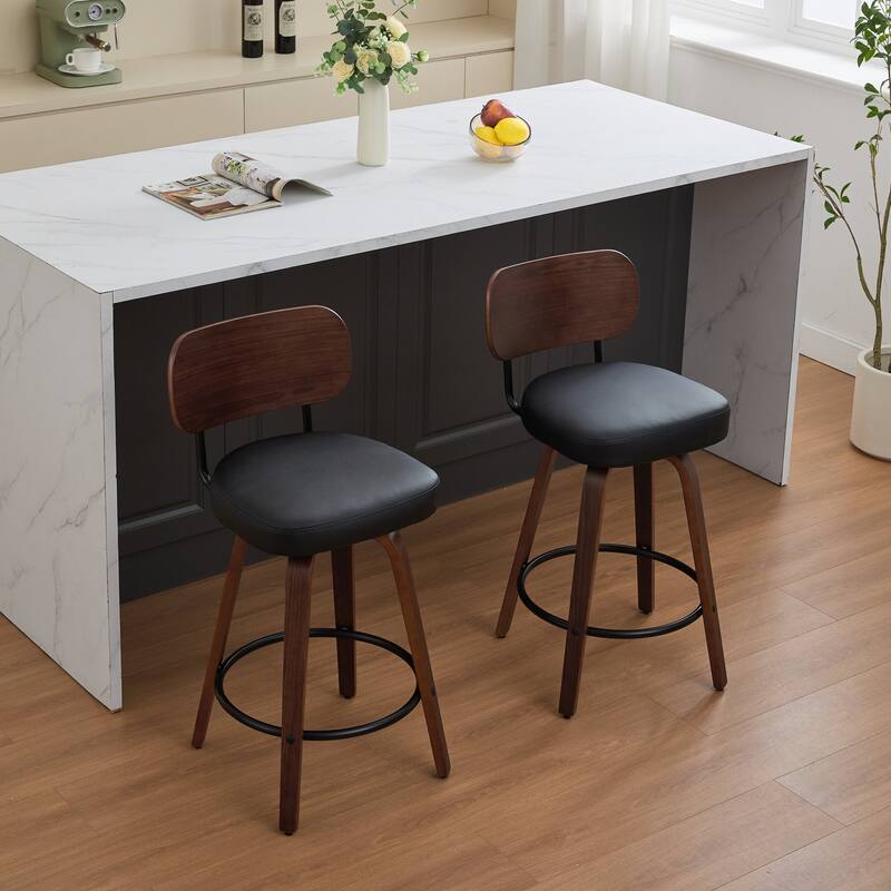 Set of 2 Upholstered Faux Leather Counter Height Swivel Bar Stools with Walnut Back and Bentwood Legs