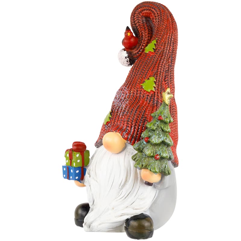 Gnome with Cardinal Holding Christmas Tree Decoration - 9"
