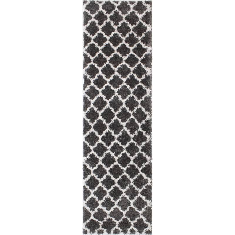 Noori Rug Lux Ava Trellis 2-Inch Shag Rug - 2'2" x 6'0" - Charcoal/Ivory