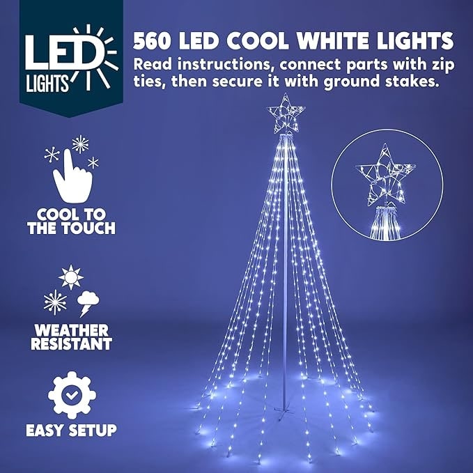 10 ft Cone Tree Yard Light Decorations, 560 LED Cool White Lights with Metal Stakes for Christmas