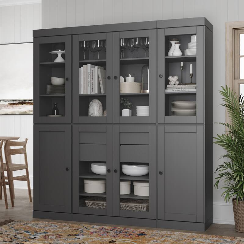 Palace Imports 100% Solid Wood 65" Pantry Cabinet with Clear Glass, Shaker Doors, 2-Drawers and Adjustable Shelves - Gray