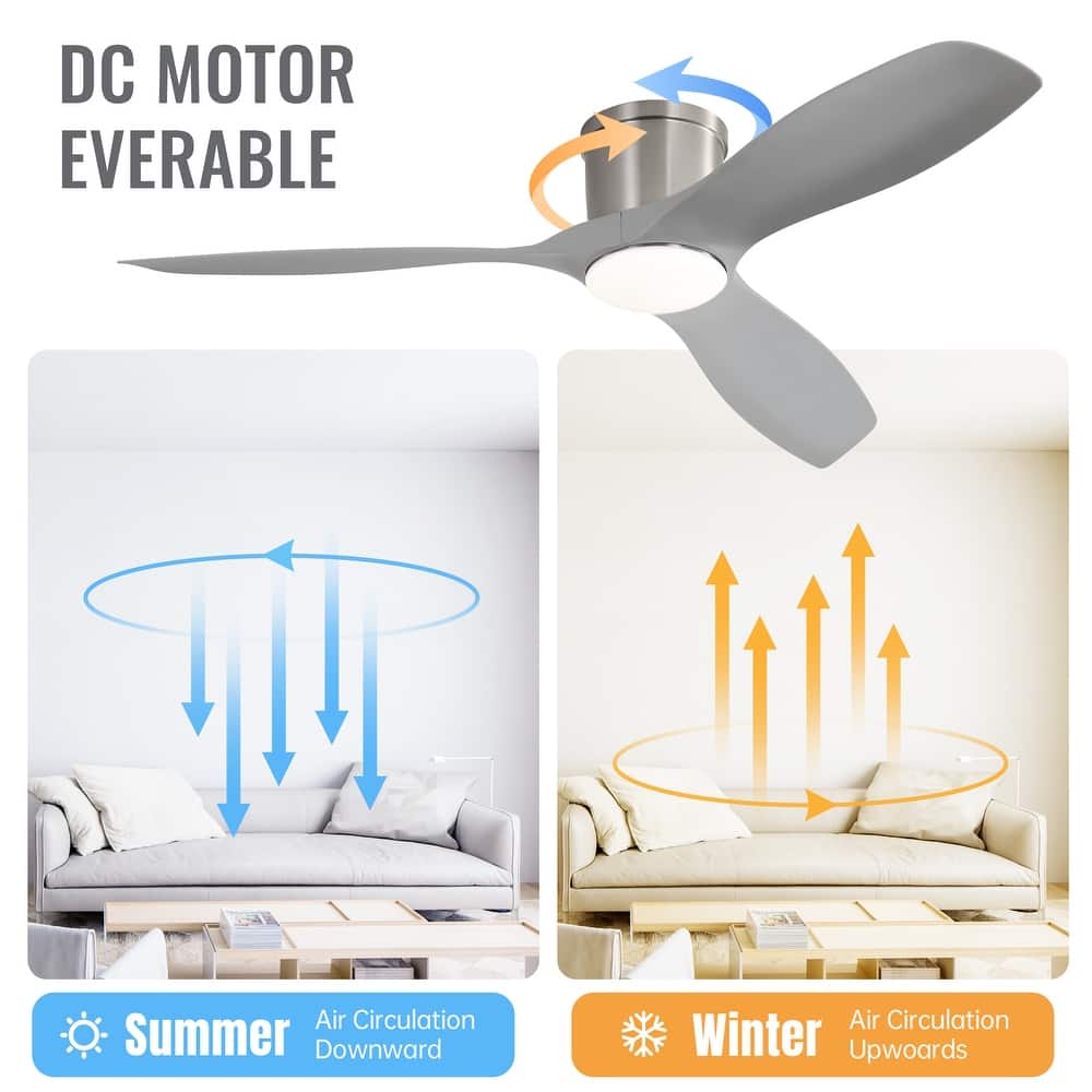 52 Inch Ceiling Fan With Light and Remote Brushed Nickel Low Profile Ceiling Fan 6 Wind Speed - 52in