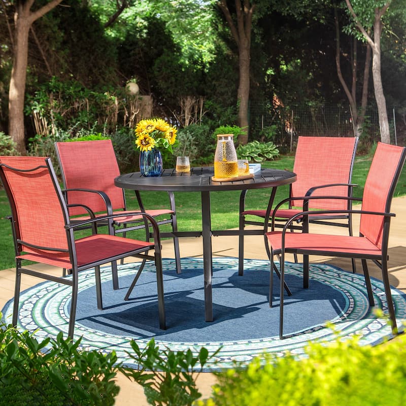 MAISON ARTS 5-Piece Patio Dining Set, Geometrically Stamped Round Table and 4 Textilene Dining Chairs