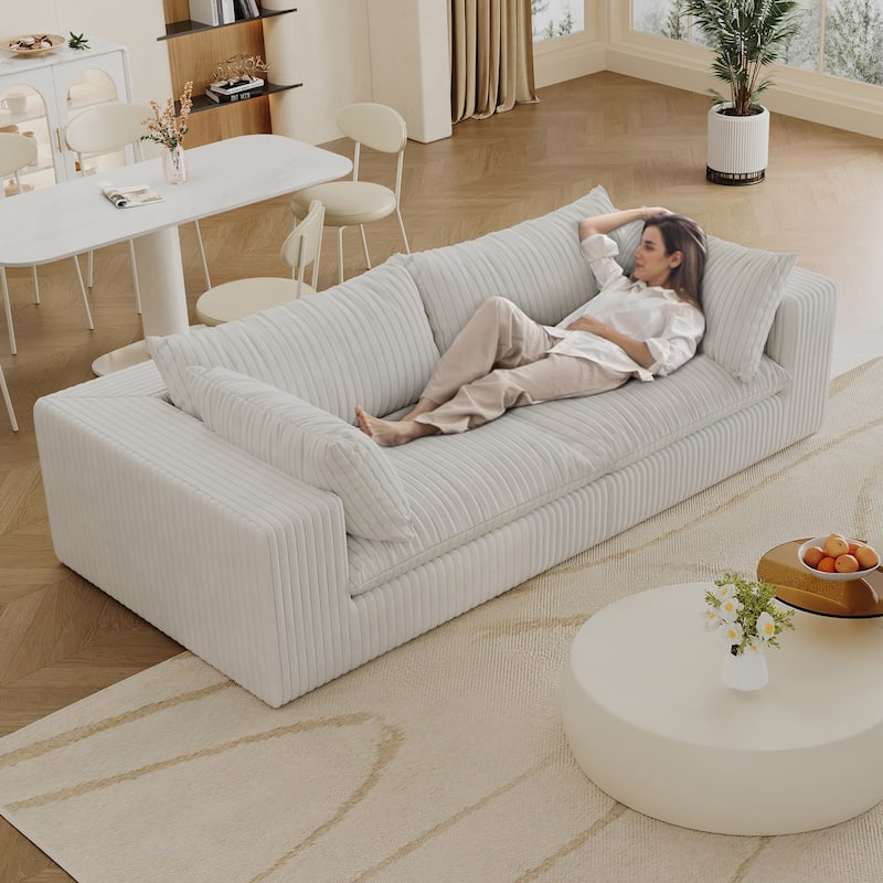 Corduroy Upholstered Cloud Sofa, Modular Compression Boneless Couch, Deep Seat Loveseat Sofa with Removable Cushion - White