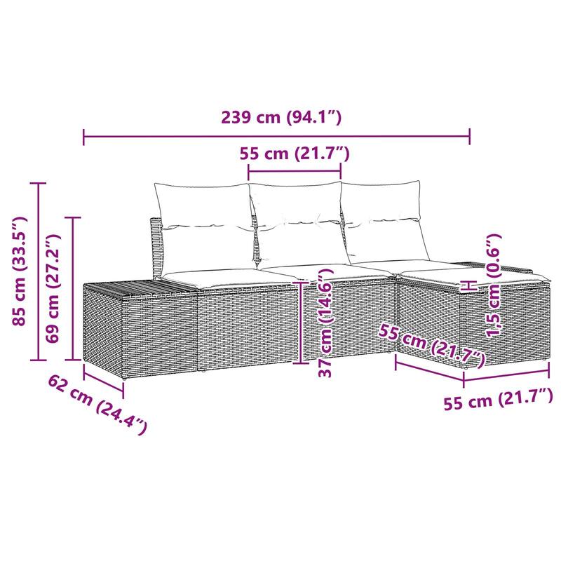 vidaXL 4 Garden Sofa Set with Cushions Black Poly Rattan - 94.1 x 46.1 x 27.2