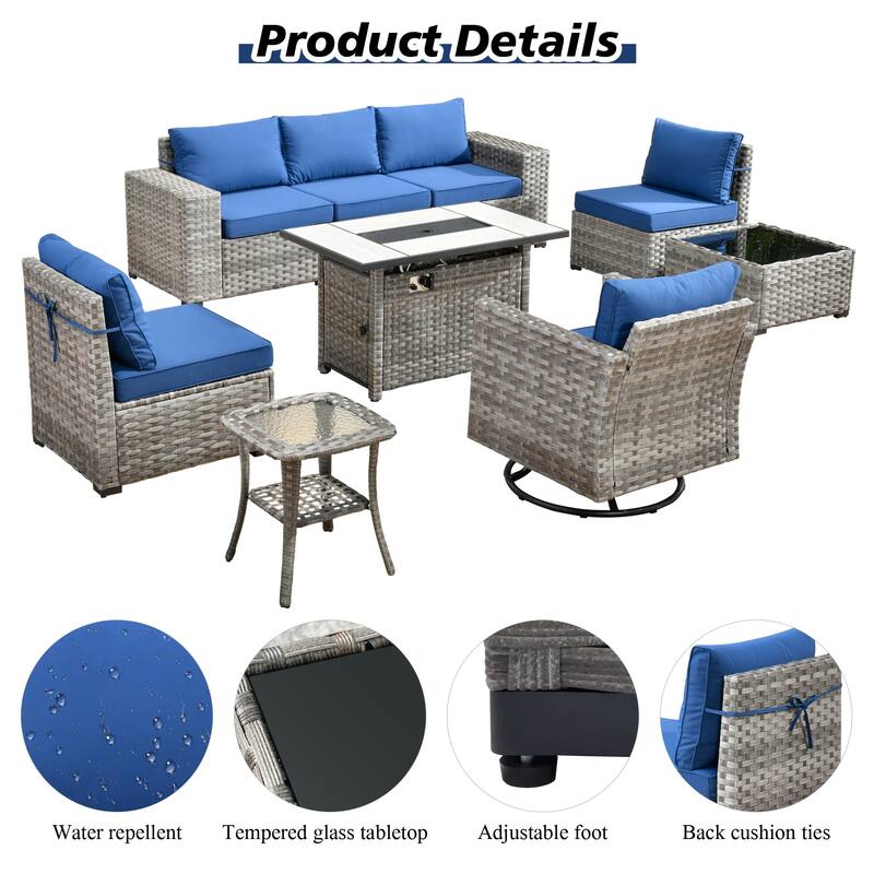 HOOOWOOO 9-piece Wicker Outdoor Modular Wide Armrest Sectional Set Fire Pit Set