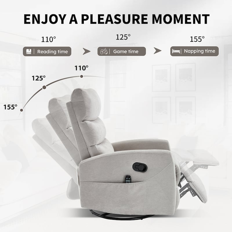 Heat Massage Manual Recliner Chair With Rocker And Swivel In Fabric