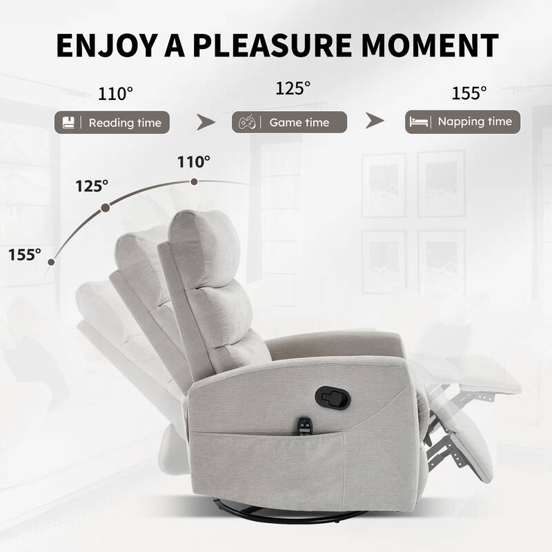 Roomfitters Manual Rocker Swivel Recliner Chair with Heat and Massage Fabric Glider Lounge Sofa for Living Room