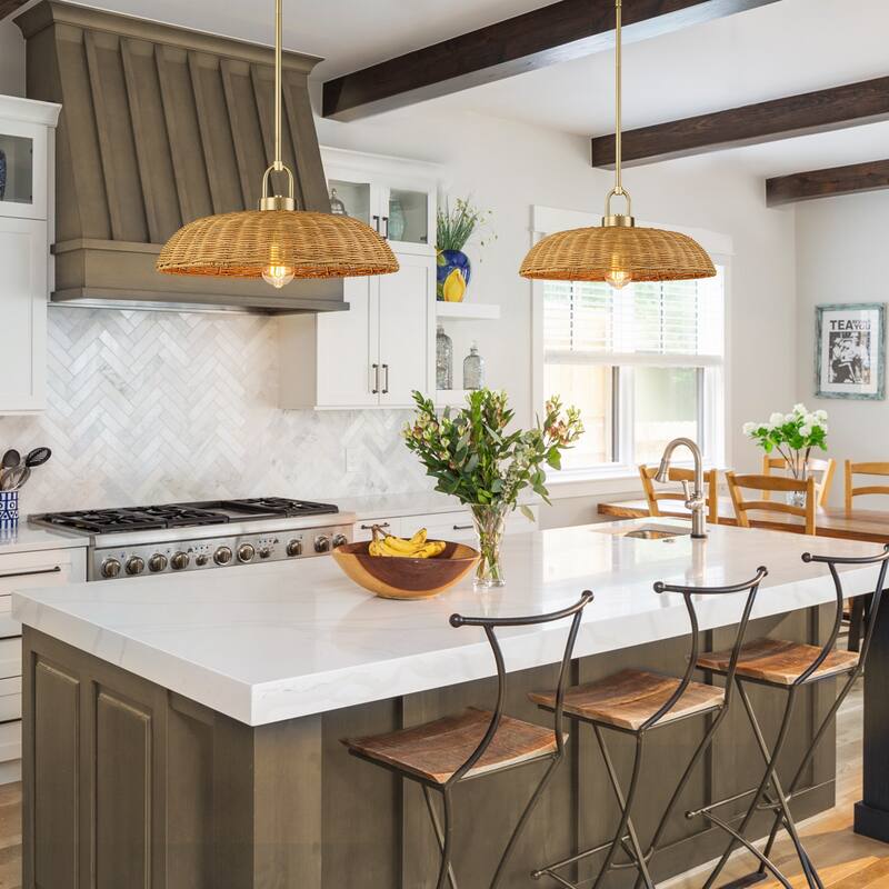 1-Light Modern Farmhouse Dome Straw Hat Hand Woven Chandelier with Natural Rattan Shade - Brass - 18.11" W × 9.06" H