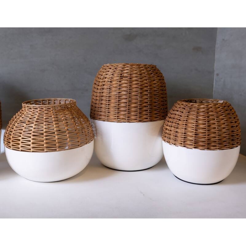 Textured Iron Cane Vase - 8" - White and Beige