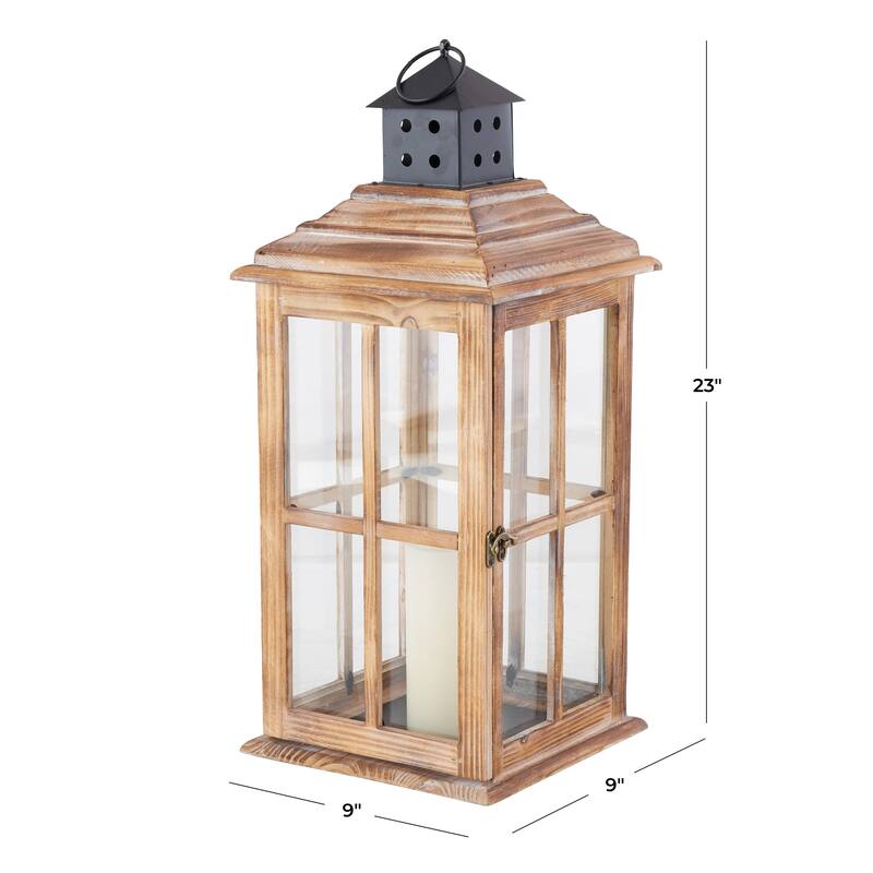 Wood Light House Decorative Candle Lantern with Black Ring Handle - Brown or Light Brown - Roche River Decor