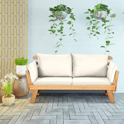 Gymax Adjustable Patio Sofa Daybed Acacia Wood Furniture w/ White - See Details