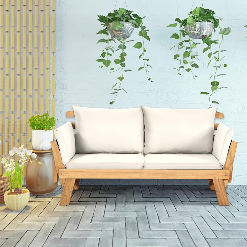 Gymax Adjustable Patio Sofa Daybed Acacia Wood Furniture w/ White - See Details