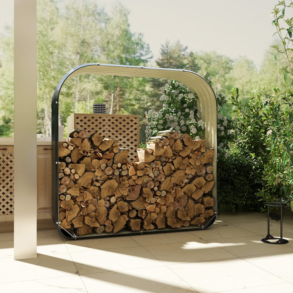 Outsunny Wood Shed, 4.7' x 1.4' x 4.7' Firewood Storage Rack, Galvanized Steel Log Holder Storage Shed with Rubberized Edge