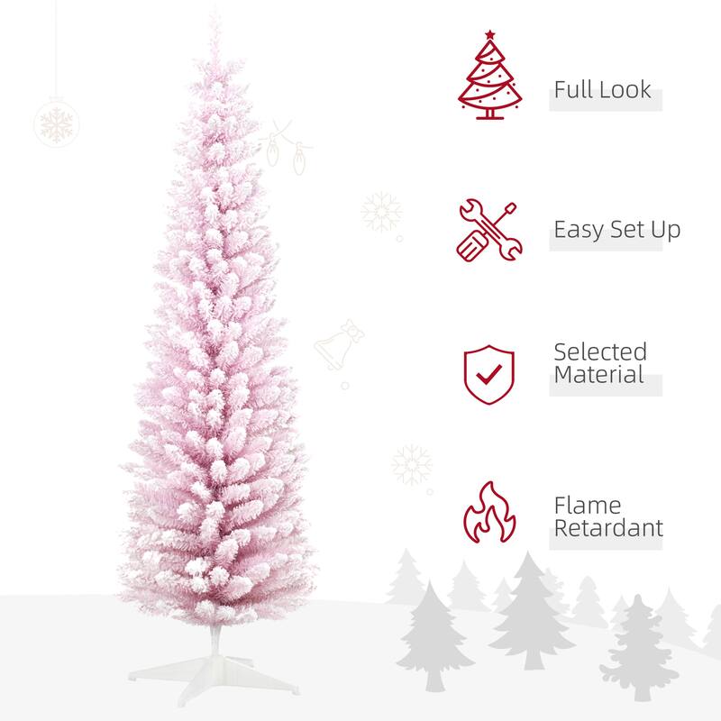 6FT Tall Snow-Flocked Slim Christmas Tree, Unlit Artificial Pencil Tree with Realistic Branches & Easy Assembly