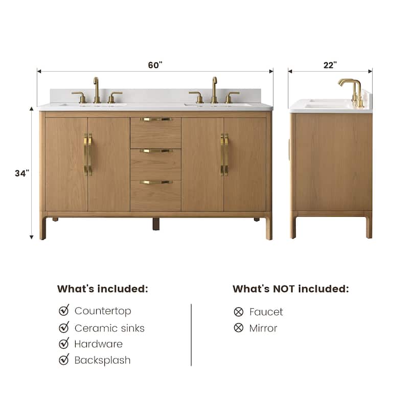 60" Freestanding Double-Sink Bathroom Vanity with Engineered Stone Top, Built-In Power Outlet, and Hair Dryer Storage