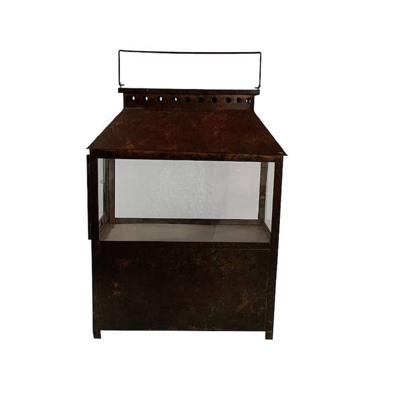 Iron & Glass Lantern Brown Patina Tempered Glass H 24.8" - BROWN PATINA - Large