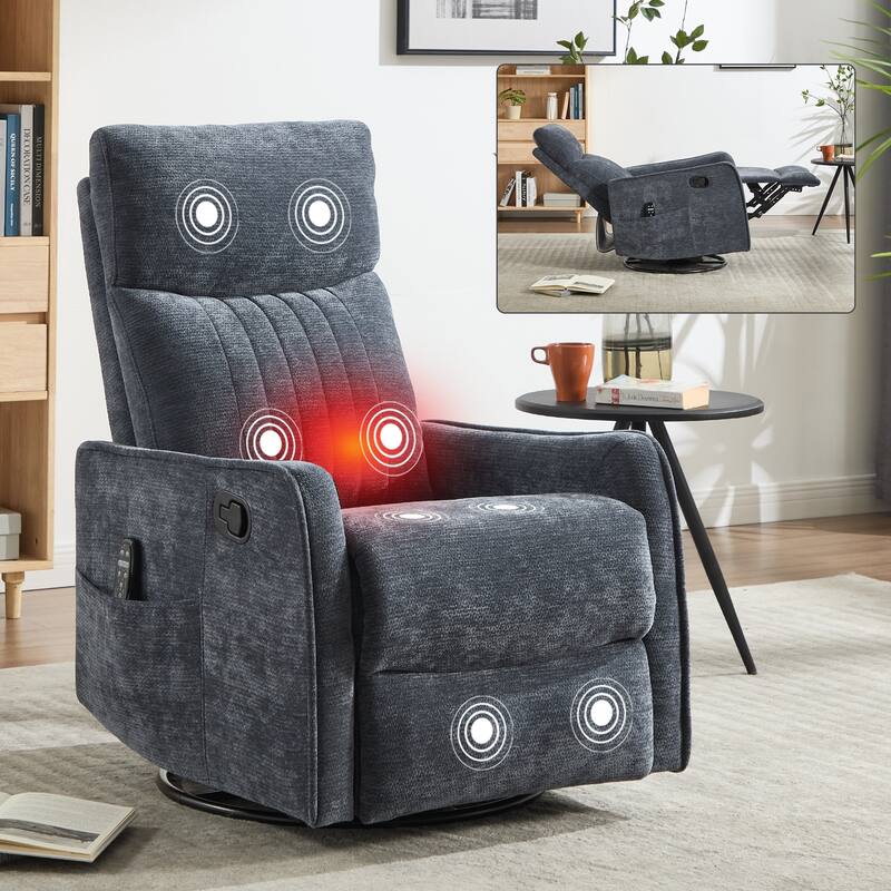 Swivel Recliner Chair with Heat & Massage, Heavy Duty Manual Recliner Chair, Glider Rocker Chair with Side Pocket