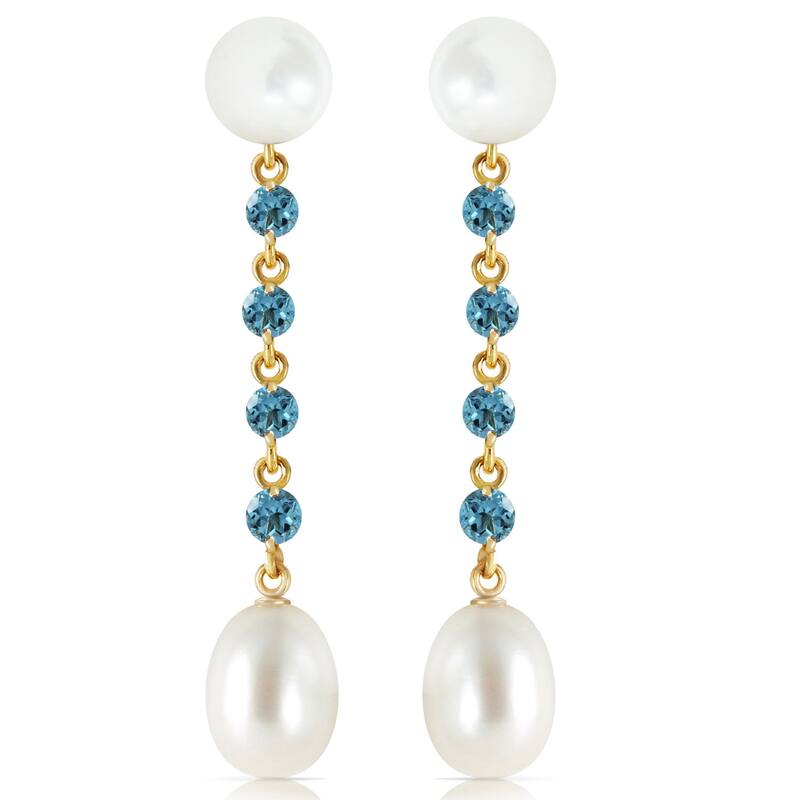 14K Solid Gold Chandelier Blue Topaz & Pearl Gemstone Earrings