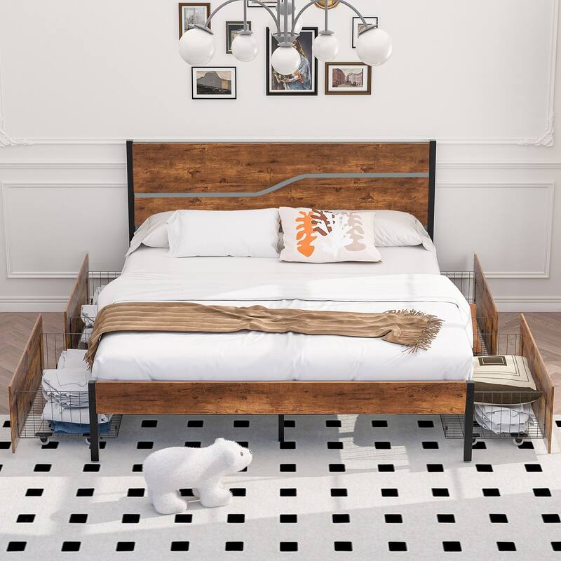 VECELO Upholstered Platform Bed Frame with 4 Storage Drawers, Full/Queen Size