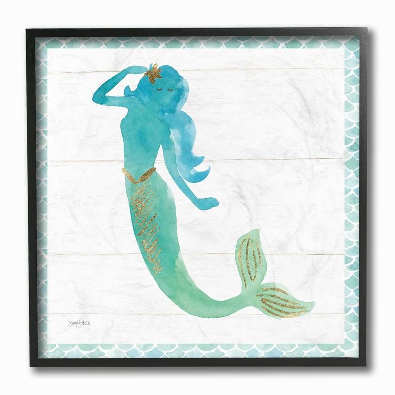 Stupell Glam Mermaid Gold Sparkle Blue Green Watercolor Framed Wall Art - 12 x 12 - Wood - Black