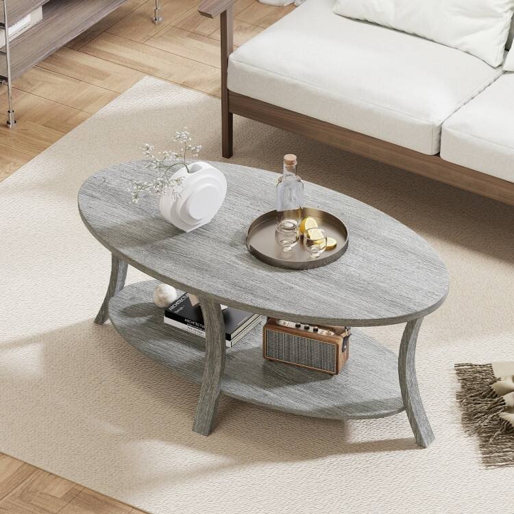 Grey Rubber Wood 2-Tier Coffee Table with Storage Shelf - 44” x 24” x 18.5”