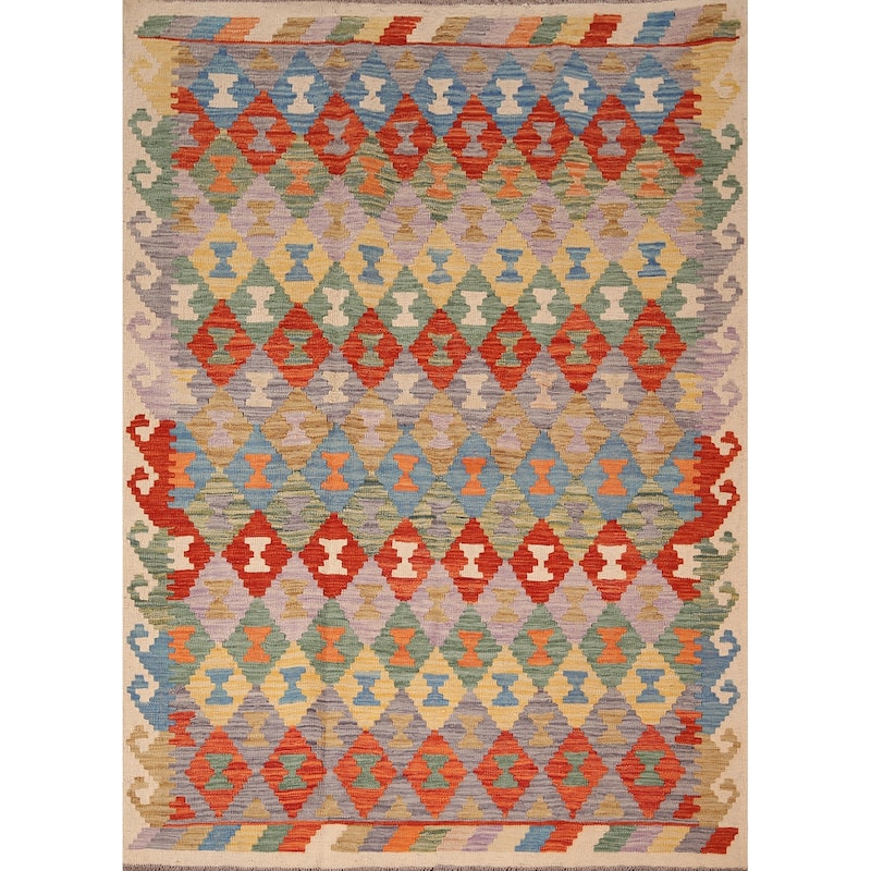 Geometric Kilim Oriental Area Rug Hand-Woven Wool Carpet - 5'2"x 6'6"