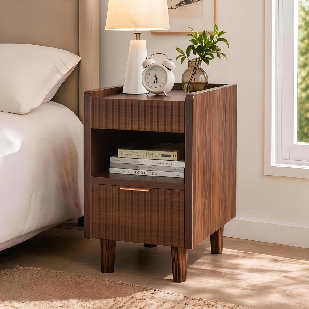 Fluted Wood Nightstand with Drawer Open Storage, Modern Bedroom Bedside Side End Table