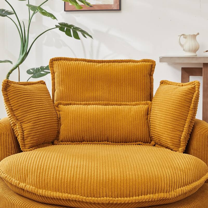 38"W Oversized Round Swivel Barrel Chair with moon storage ottoman and 4 Pillows