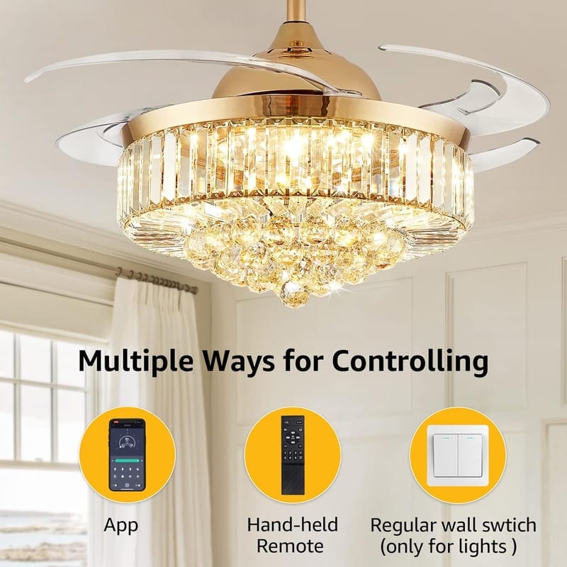 48 in. Indoor Modern Ceiling Fan with Light Gold Retractable Crystal Chandelier Fan with Remote for Kitchen Living Room