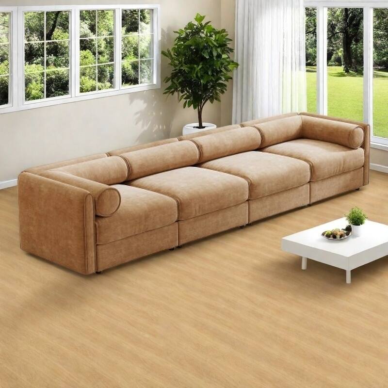 Modern Chenille 6-Seater Sofa with Ottoman Storage, Hidden Storage, Cylindrical Cushioned Arms and Backrest - 4 Seater Camel