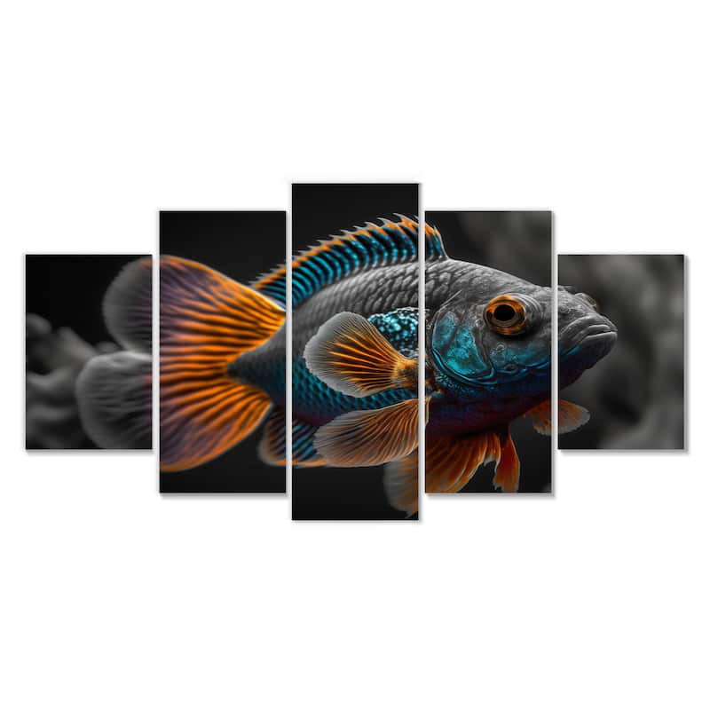 Designart Tropical Blue Fish In Shades Of Blue And Orange I Animal Fish Multipanel Wall Art Living Room