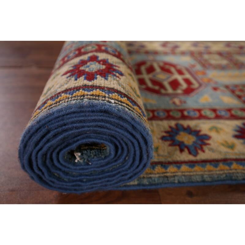 Blue Kazak Oriental Runner Rug Hand-Knotted Wool Carpet - 2'7" x 20'7"
