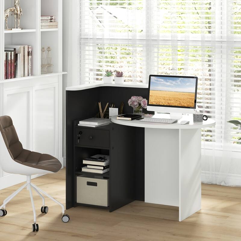 Gymax Front Reception Counter Desk Checkout Office Desk w/ Open Shelf