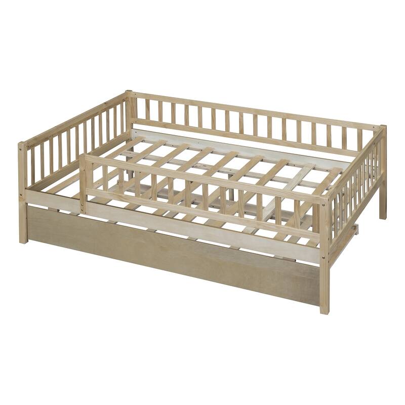 Full Size Wood Daybed with Trundle and Fence Guardrails, Space-Saving Design