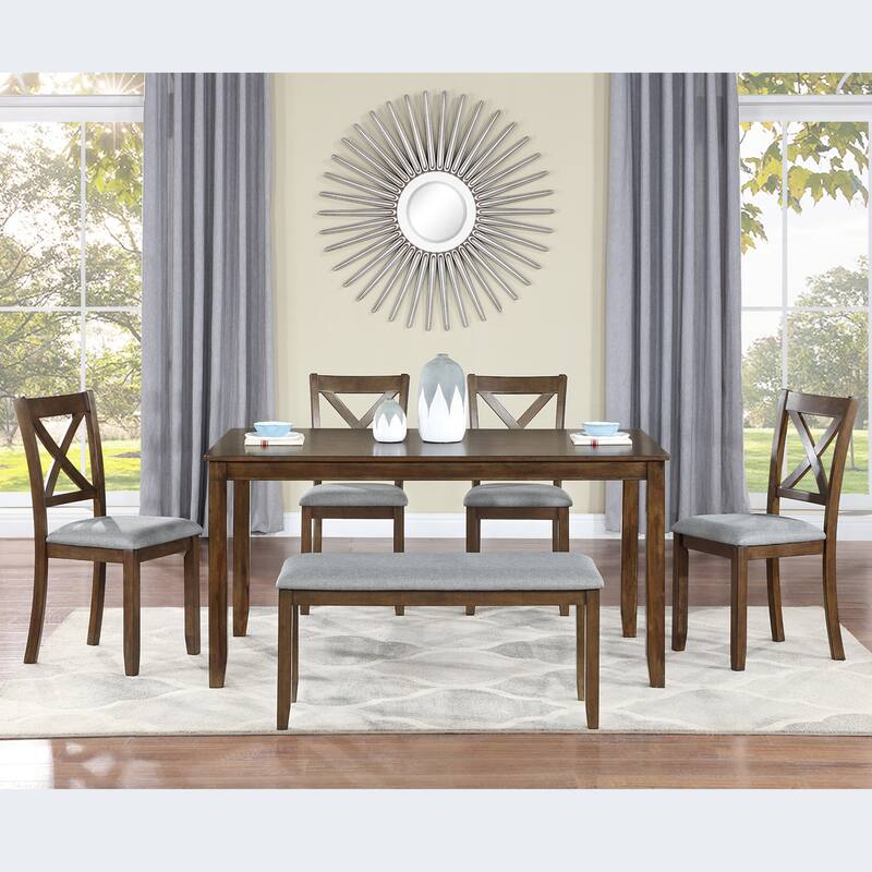 Modern Style 5-Piece Dining Set with Rectangular Table, 4 Cross Back Upholstered Dining Chairs and Bench
