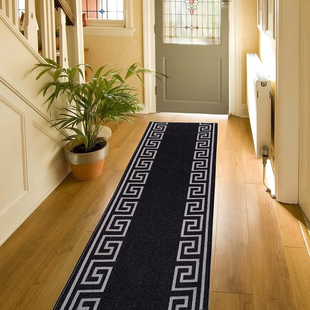 Custom Size Greek Key Black 31 Inch Wide Non-Slip Stair Runner Rug