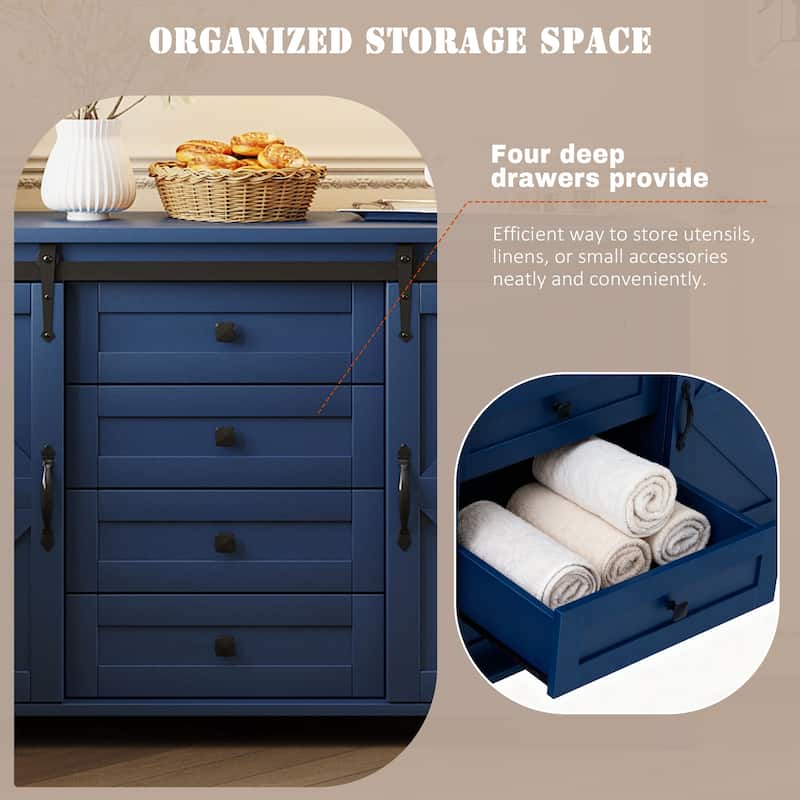 Sideboard with Sliding Barn Doors & 4 Storage Drawers, Wood Buffet Cabinet Table with Power Outlet & Adjustable Shelves
