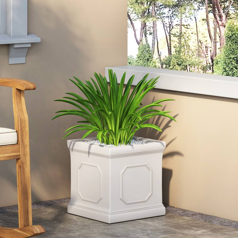 Antique White Magnesium Oxide Planter 14 Inch Cube Modern Outdoor Garden Pot with Drainage Hole
