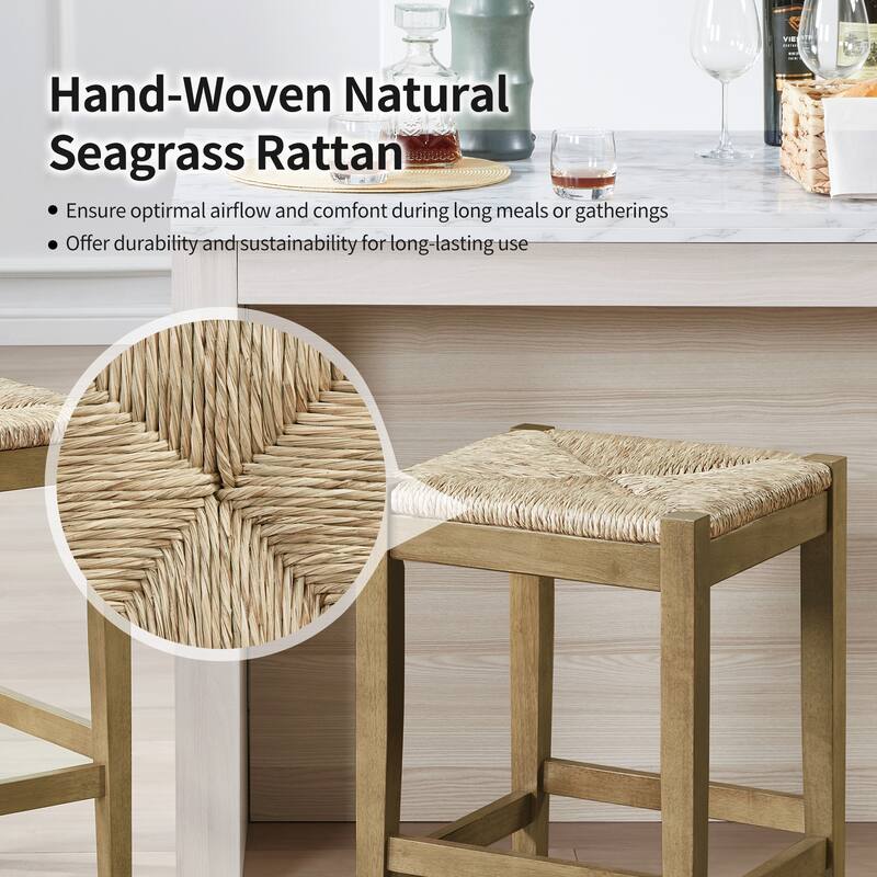 Bohemian 26" H Natural Weave Seagrass Rattan Backless Counter Stools