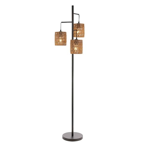 slide 2 of 9, JONATHAN Y Lara 70.75" 3-Light Mid-Century Bohemian Metal/Rope LED Floor Lamp, Black/Natural Black