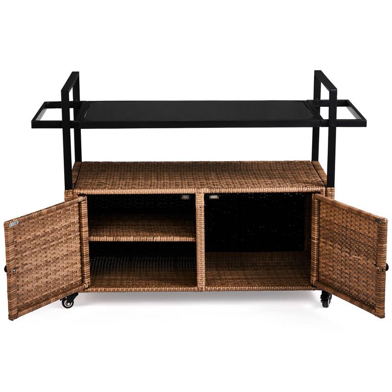 Outdoor Wicker Bar Cart Table with Storage and Wheels - 51.2" x 19.7" x 35.4"
