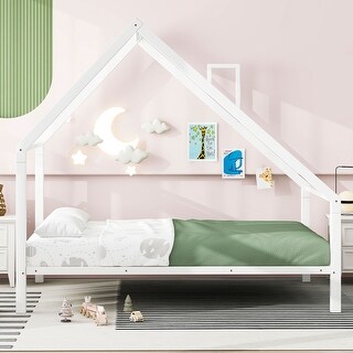 Metal House Platform Bed with Roof and Chimney, Montessori Bed Frame