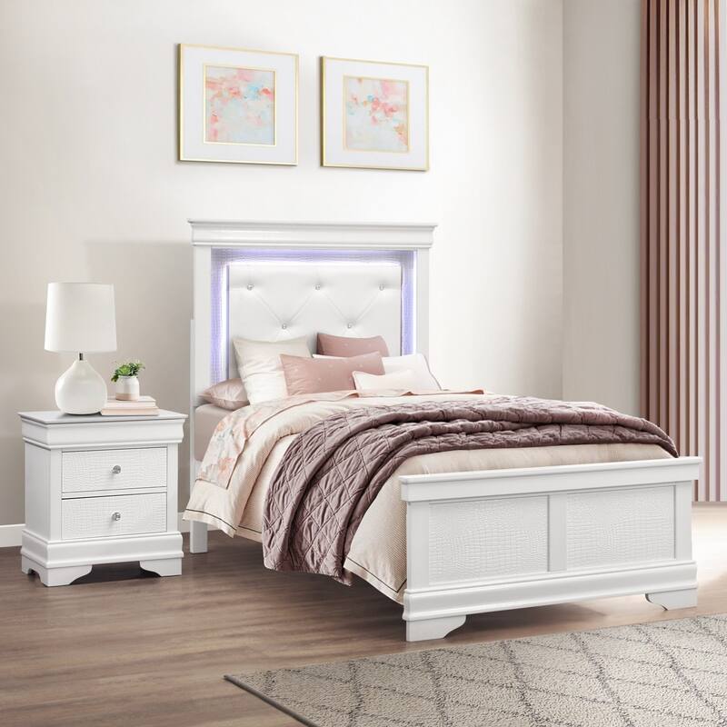Glam White Finish 3pc Bedroom Set LED Bed and 2x Nightstands - Twin