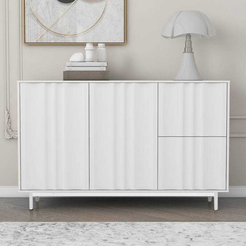 Wave Pattern Storage Cabinet with 2 Doors and 2 Drawers, Adjustable, Suitable for Study,Entrance and Living Room - White