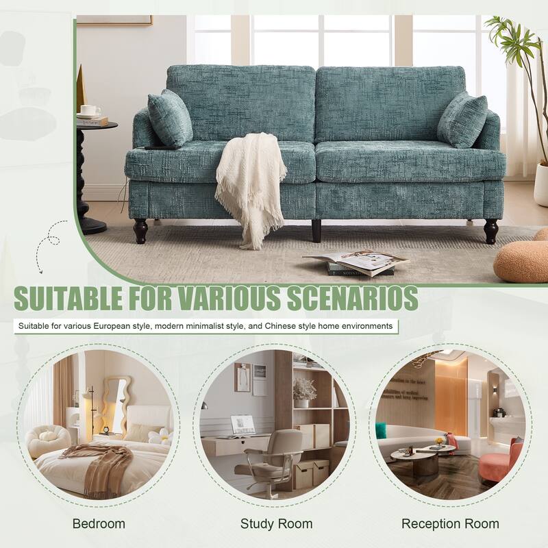 Modern Style Chenille 2-Seater Wood-Legged Sofa With Led Light,USB Charging Port And Storage Bag Living Room Bedroom Study Room