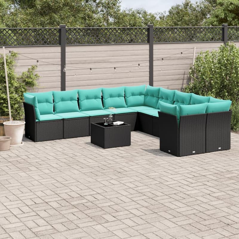 vidaXL 10 Piece Patio Sofa Set with Cushions Black Poly Rattan - Black and blue - 113.8x27.2x113.8-With table