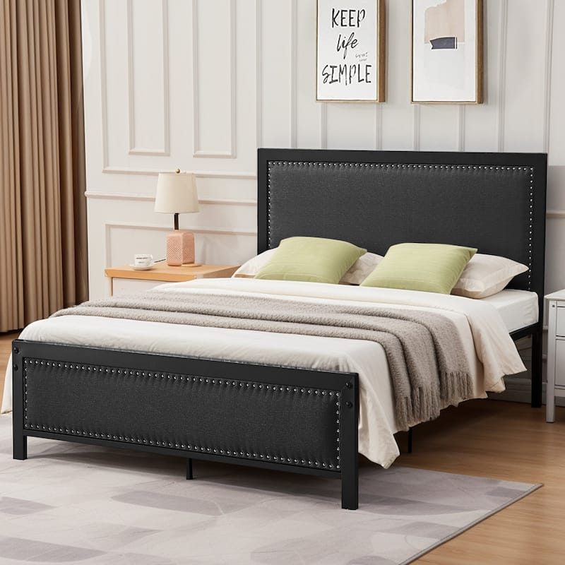 VECELO Bed Frame with Upholstered Linen Headboard and Footboard Heavy-Duty Platform with Strong Metal Slats